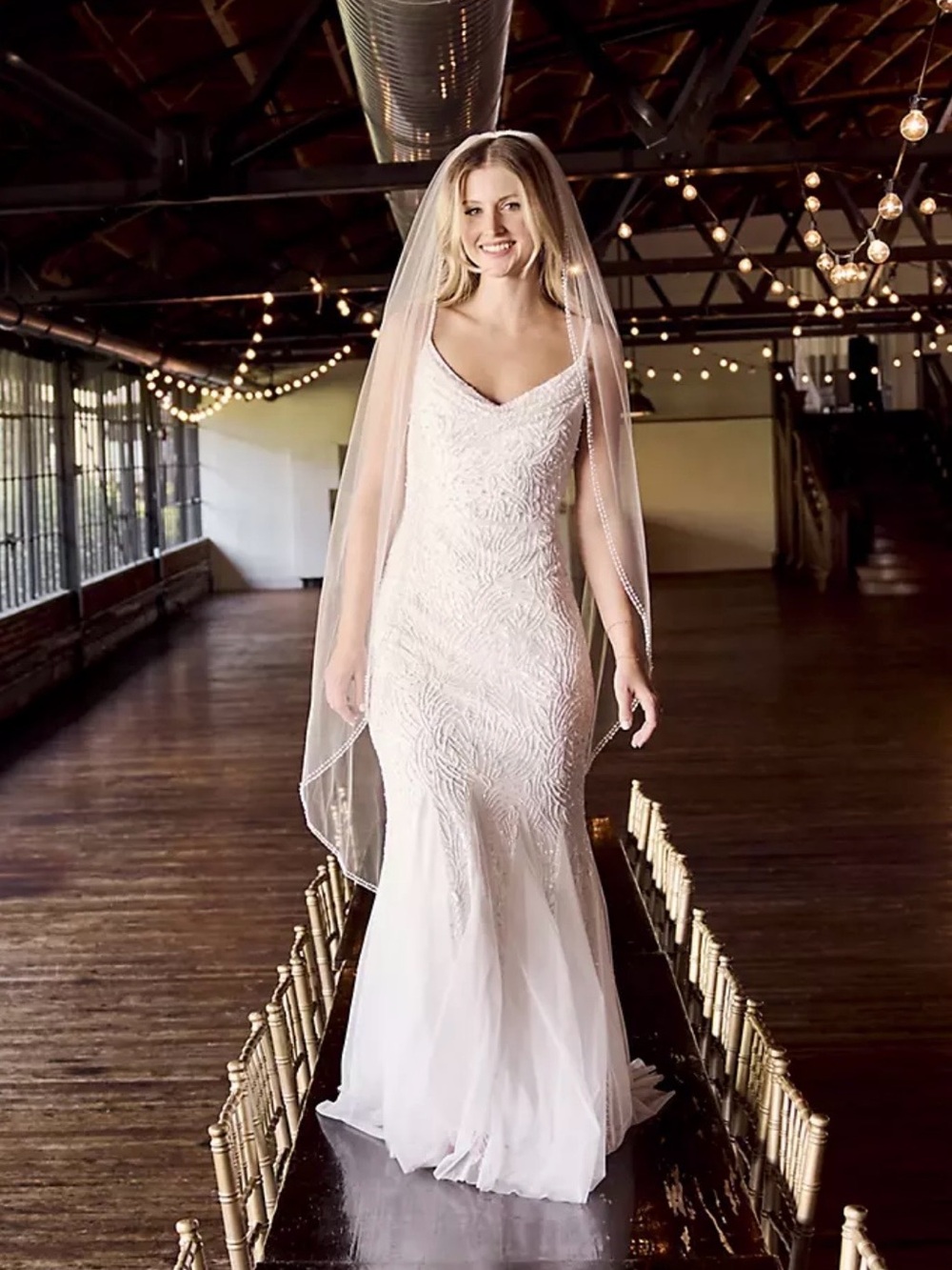 White Beaded V-Neck Wedding Dress with Sheer Veil